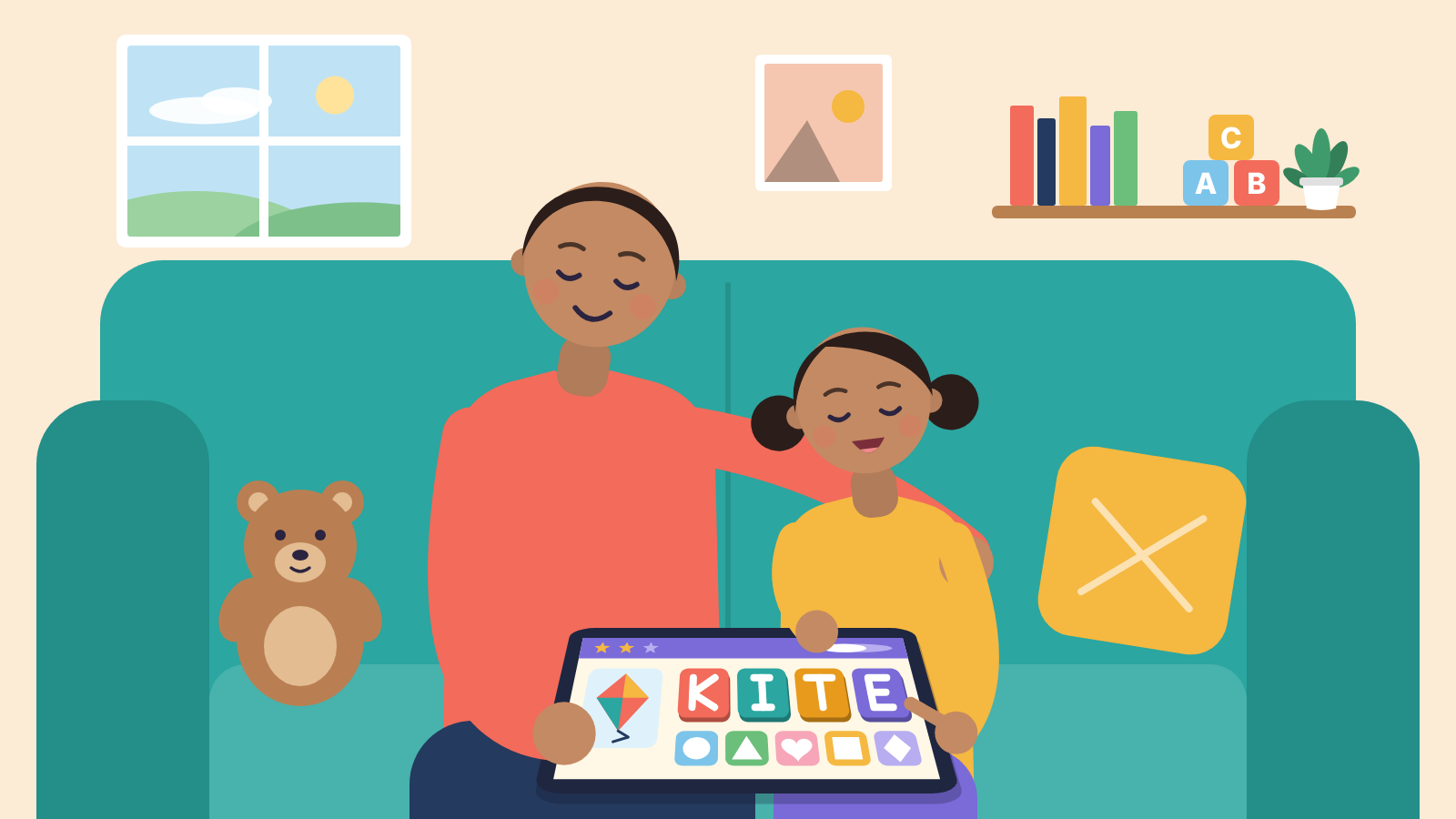 A parent and a young child sitting together looking at a tablet playing a colorful word or memory game