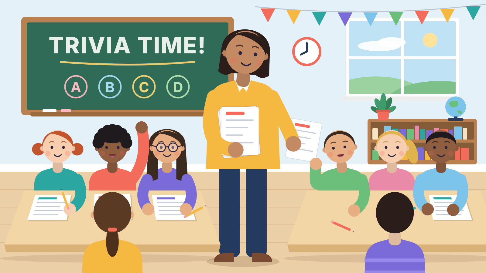 A teacher handing out printed trivia worksheets to students seated in small groups at classroom desks