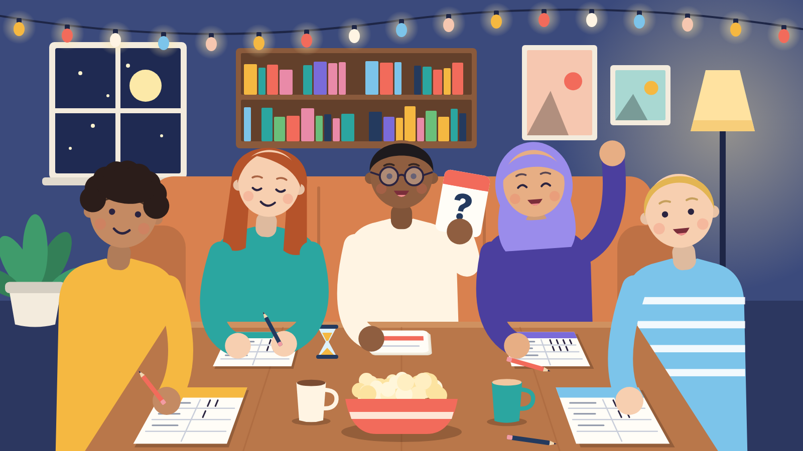 A group of friends gathered around a table with scorecards and pens during a home trivia night